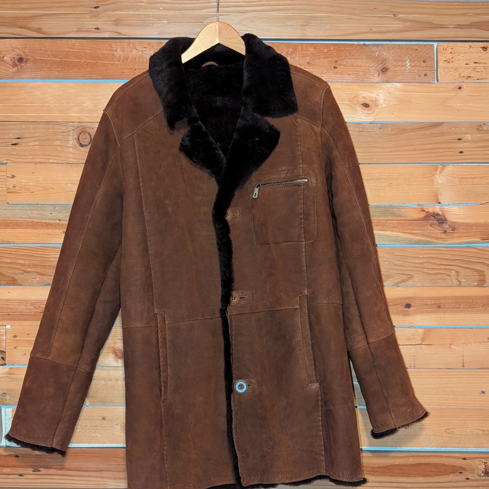 Men's Brown Suede Shearling Coat with Black Fur Collar